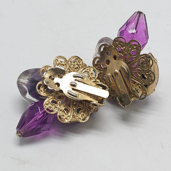 Vintage Clip On Earrings Pink Purple Glass Beads Gold Tone Metal Filigree - Picture 4 of 5